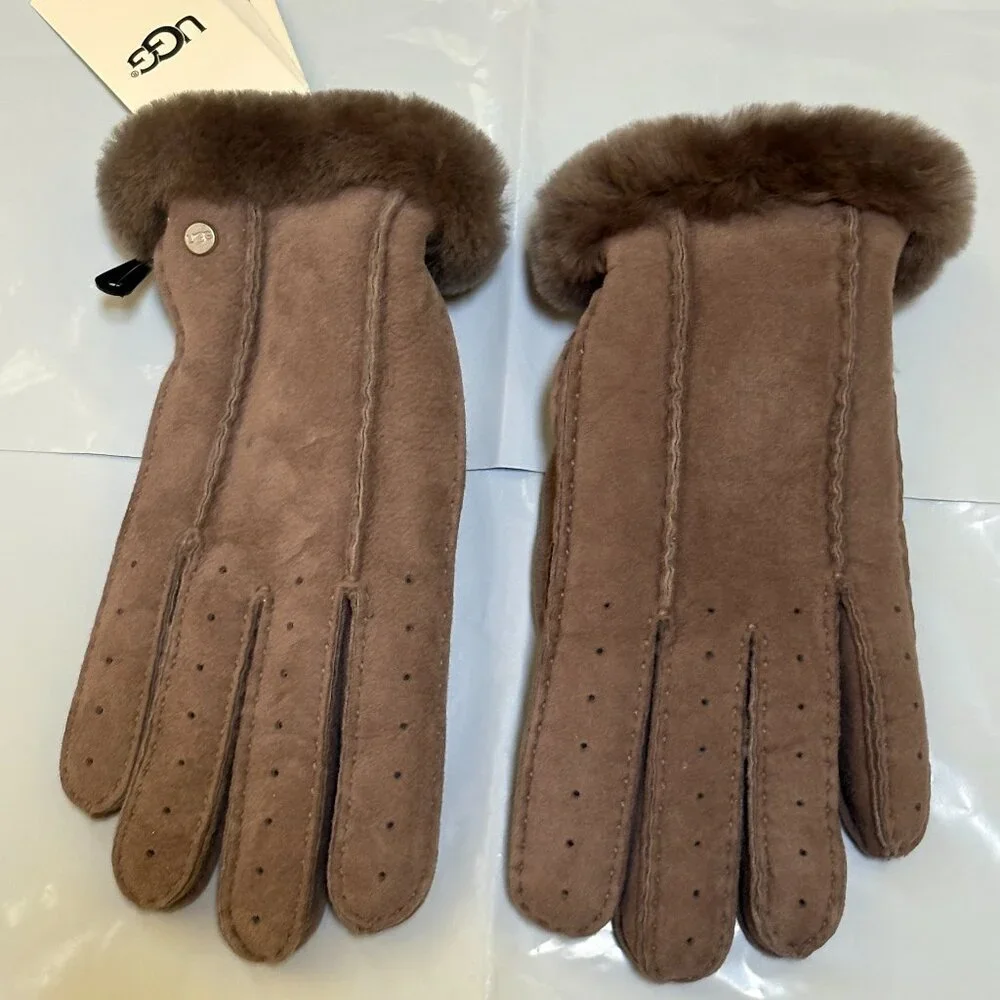 UGG Sz L Classic Perforated Genuine Shearling Warm Gloves Stormy Grey $155